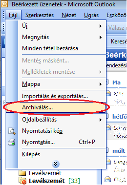 Microsoft Office Outlook - Archiválás, 1. lépés