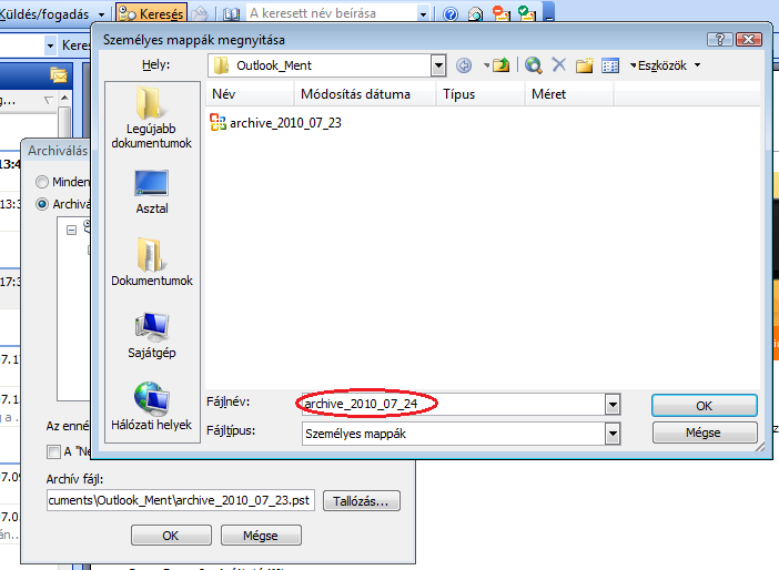 Microsoft Office Outlook - Archiválás, 3. lépés